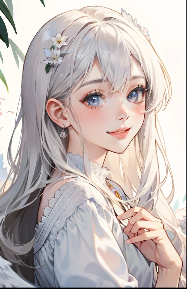 girl with、Background white、without background、white hair、The long-haired、with blush cheeks、angelicales、feathered、angel、pluma、frilld、Smiling、kawaii、without background
