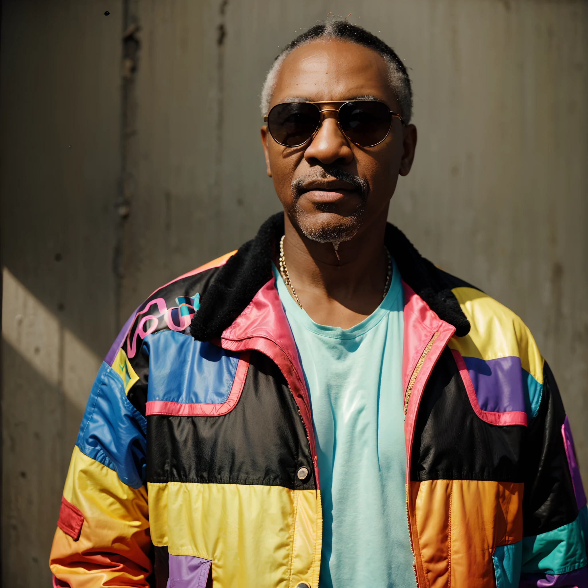 black grandfather style photo, rainbow jacket style, sunglasses, urban style, studio background, medium photo, flashy lighting, bright, shot on leica, shot on agfa vista 200, deep focus, photorealistic
