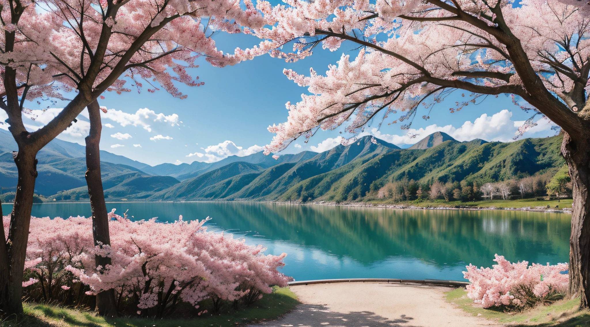 Cherry blossom forest, Lake, sky, Heart-shaped forest, Canon photography, Masterpiece, Chiaroscuro, Realistic, detailed detail