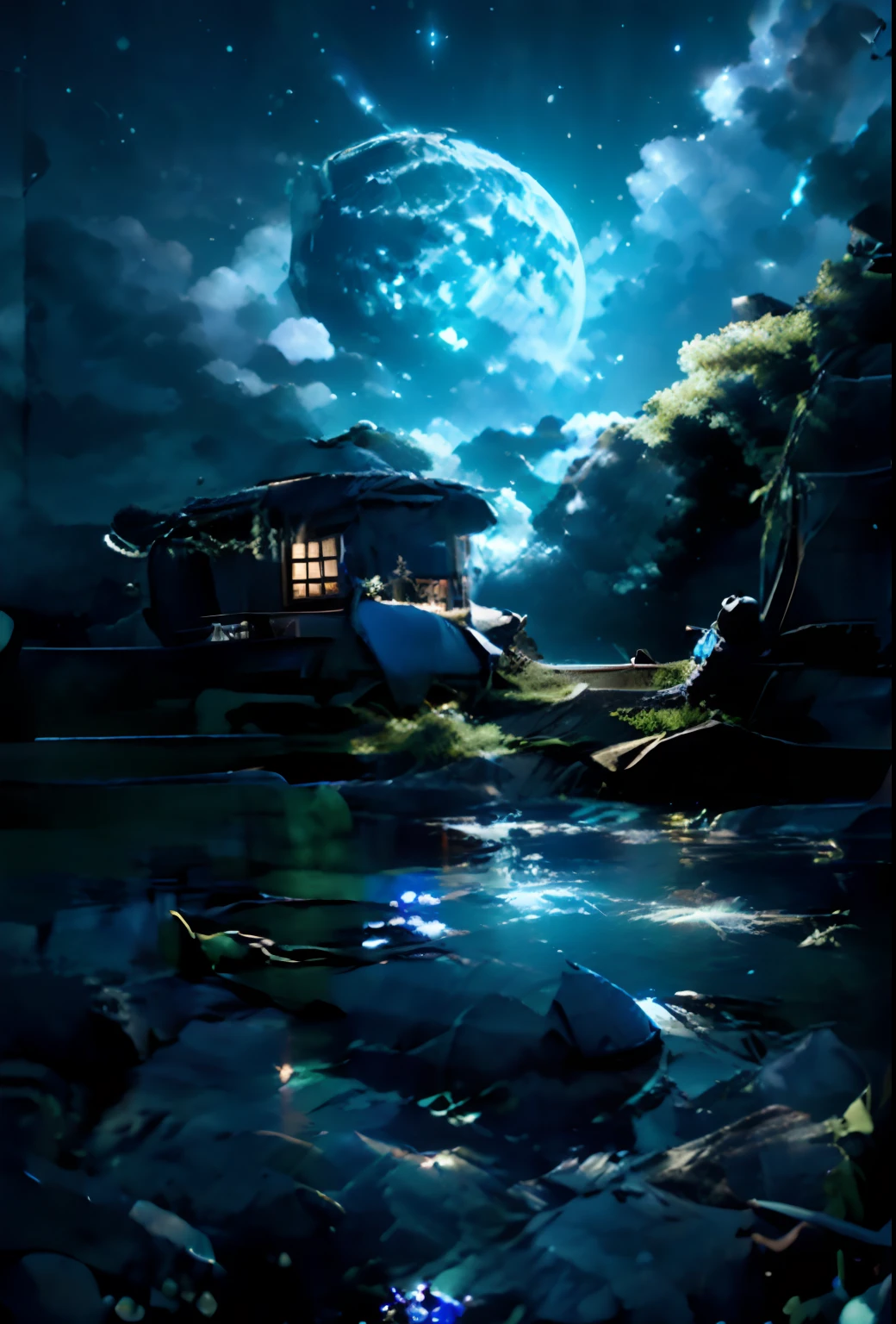 Vast night，the beautiful skyline，Vast sea，Intense and dramatic imagery，the moving visual effects，The bright moon hangs high，the colorful natural light。********** sitting on a lonely boat，Reaching out is a Chinese lamp，The green face is full of years，See the blue cyan Kong lanterns floating in the sky，The entire night sky is covered in blue cyan，Green Lantern Night Tour