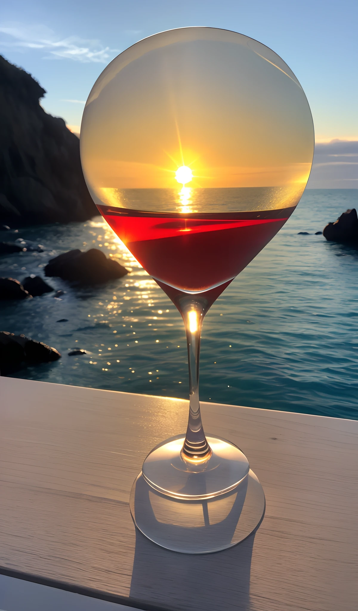 The sun in a crystal glass by the sea, contra o fundo das montanhas, a glass of regular classical shape, aberto de cima, abaixo, ao lado do vidro, it's a red rose, fotografia realista de alta qualidade