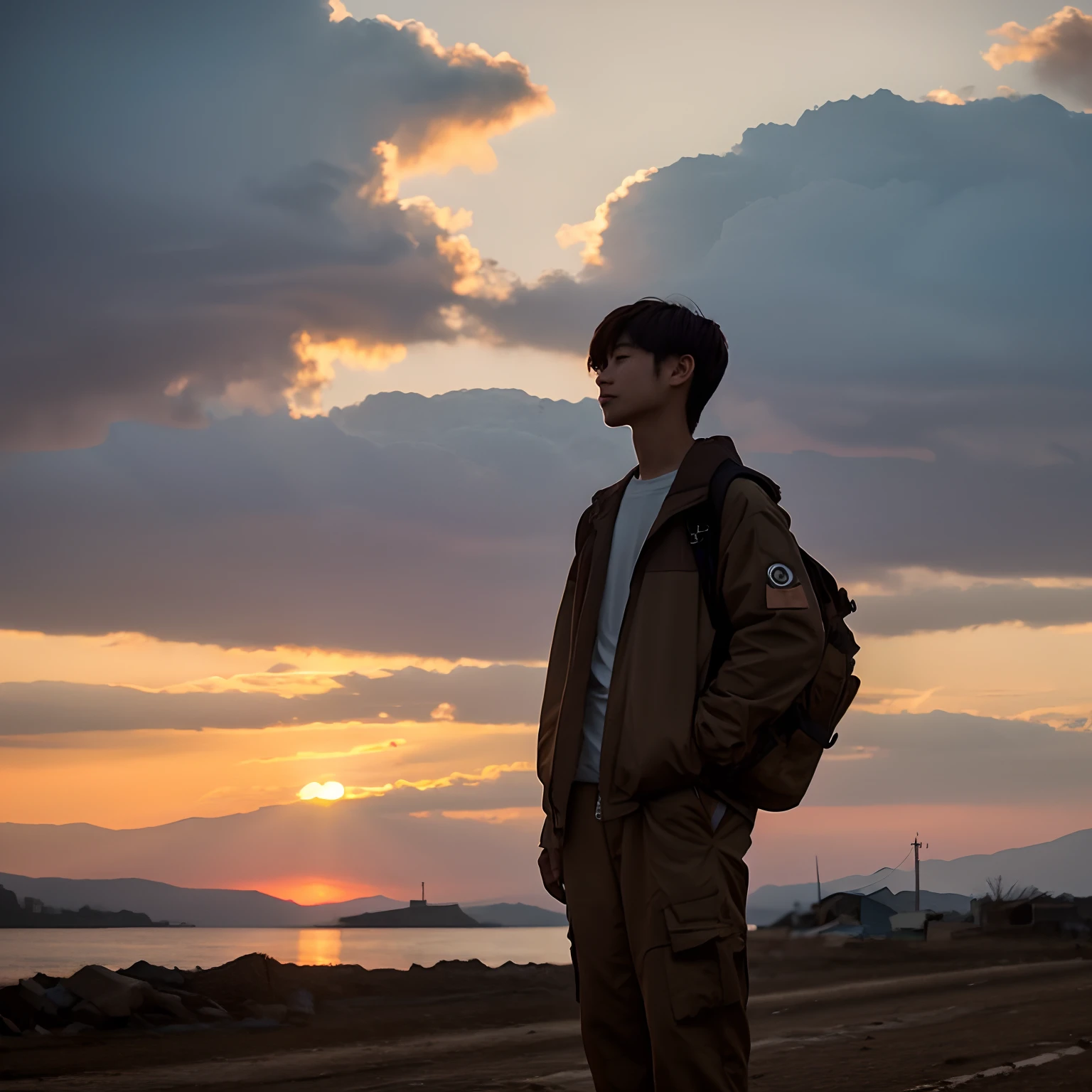 年轻、ember、20yr old、well-muscled、tall、deadpan、Similar to Miyazawa Icefish、Brown hair、short-hair、Atmospheric、a gloomy、Only one person is depressed、Standing alone、A world where there is no one else、Lost a loved one、His hands are stuck in his pants pockets、early evening、You can see the sunset、A ray of light、Very beautiful scenery、at the sunset、Night is coming soon、saddened、I couldn't say goodbye、Hope is seen in grief、Fashionable clothes、Wearing a casual jacket、Facial expressions are visible、Facing this way、
