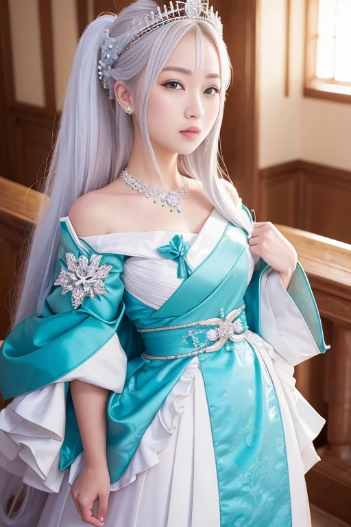 (Princess Seoritsu and Whiteron:1.5)、(The legendary giant white dragon=White ronng)、Princess Seoritsu is based on white、Princess Seoritsu is slender and cute(Women in Japan)、FULL BODYSHOT、Natural light、top-quality、 8k wallpapers amazing, exquisitedetails, hight resolution, Beautiful Detail Girl, top-quality、Turquoise is used for the princess's tiara
