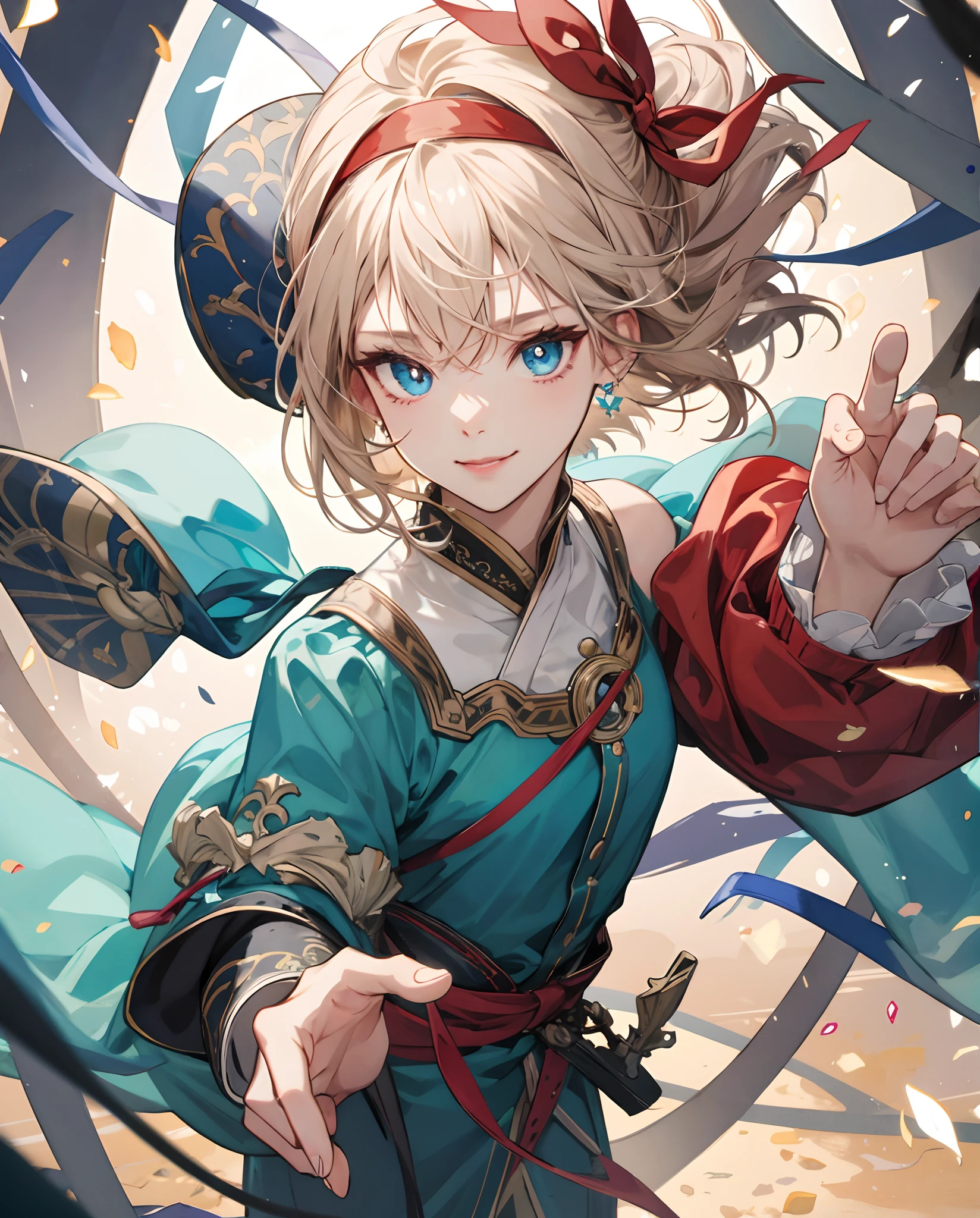 masterpiece、top-quality、超A high resolution、2D Beautiful Girl、animesque、teens girl、short-haired、Red headband、Beautiful blue eyes、The clothes are also depicted in detail、Eyes are depicted in detail、The face is depicted in detail、sorcerer、soio、Full body front、Gentle smile、hair adornments、animesque、illustratio、