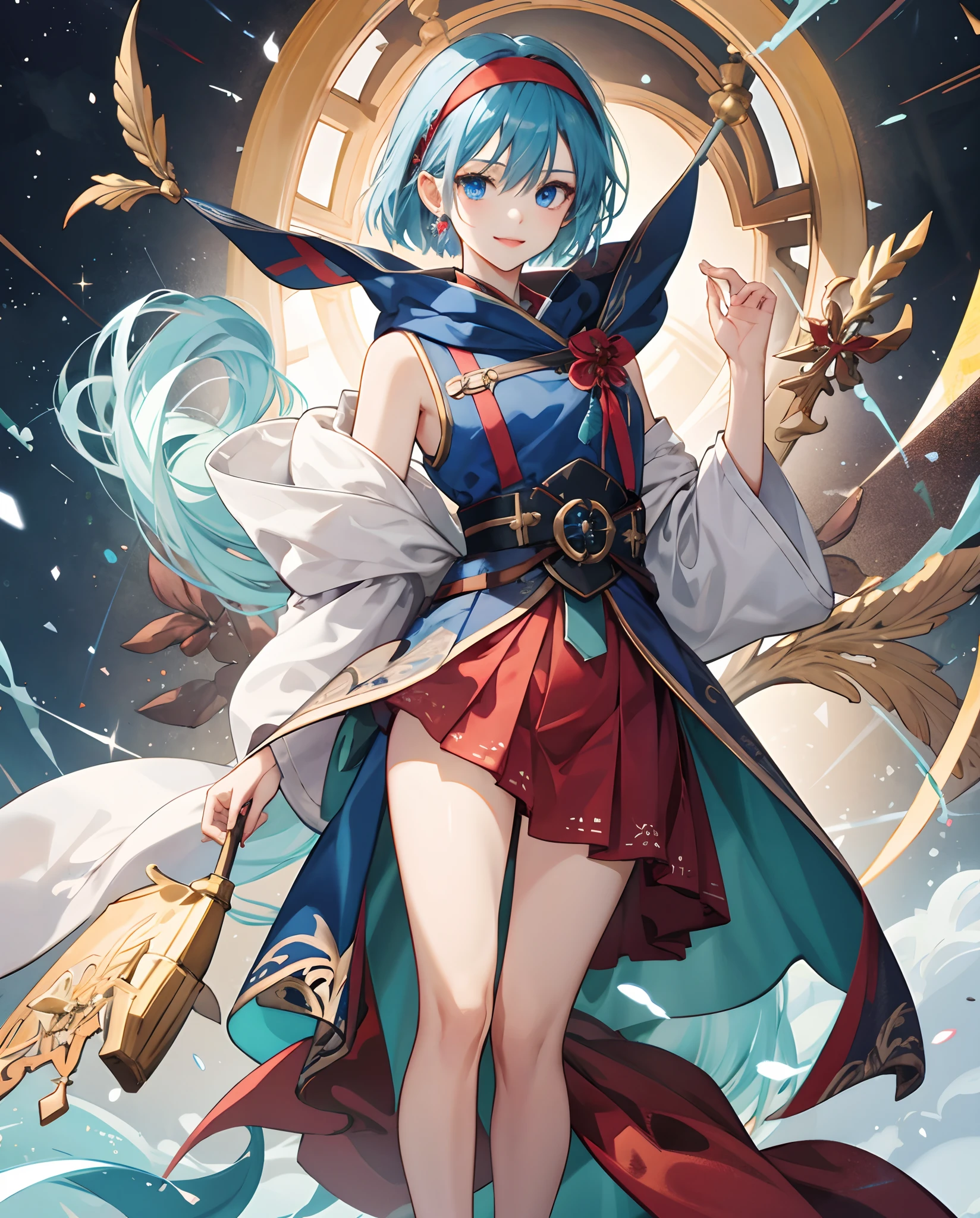 masterpiece、top-quality、超A high resolution、2D Beautiful Girl、animesque、s girl、short-haired、Red headband、Beautiful blue eyes、The clothes are also depicted in detail、Eyes are depicted in detail、The face is depicted in detail、sorcerer、soio、Full body front、Gentle smile、hair adornments、animesque、illustratio、