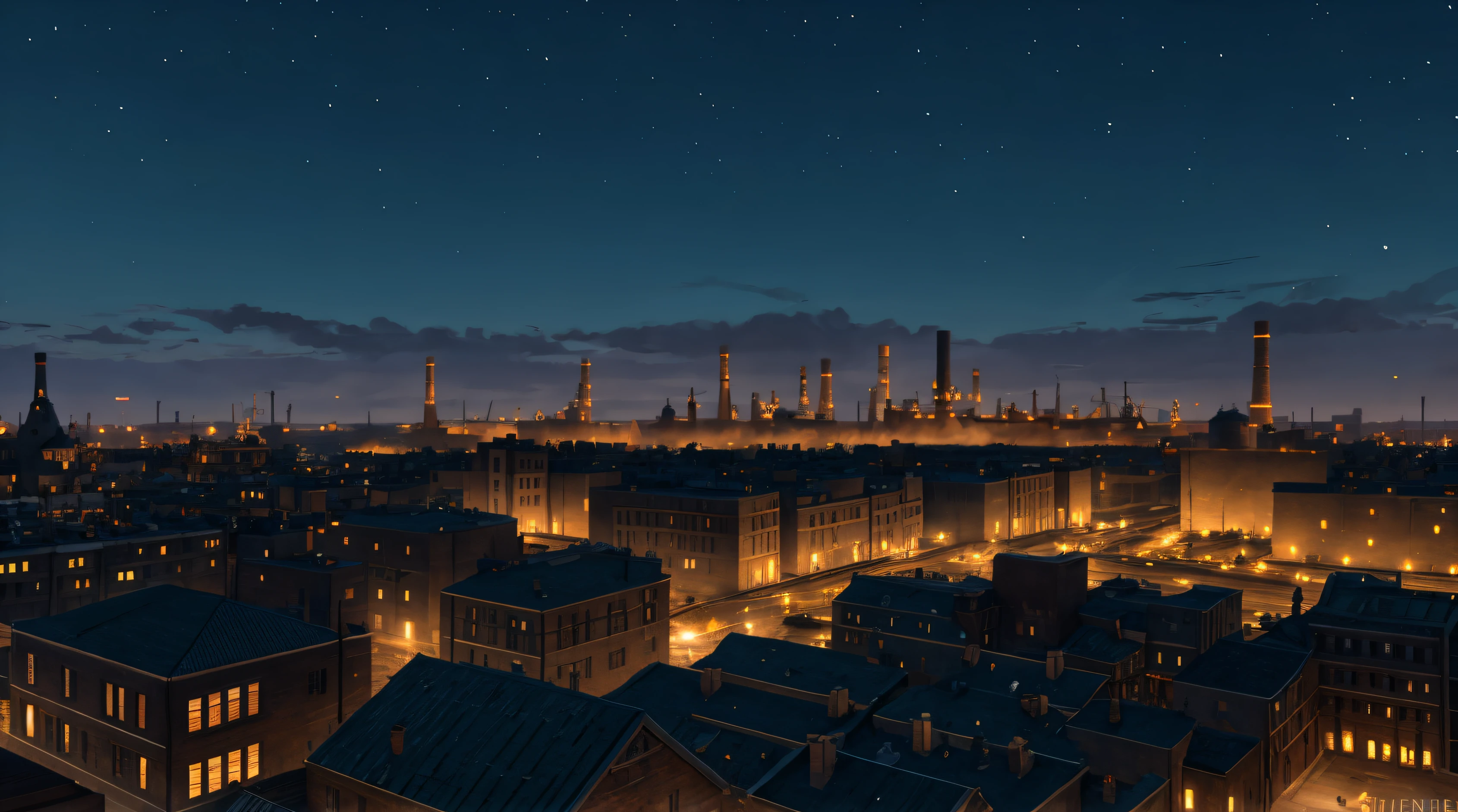 assassin's creed, view over a industry city at night, a lot of chimneys,