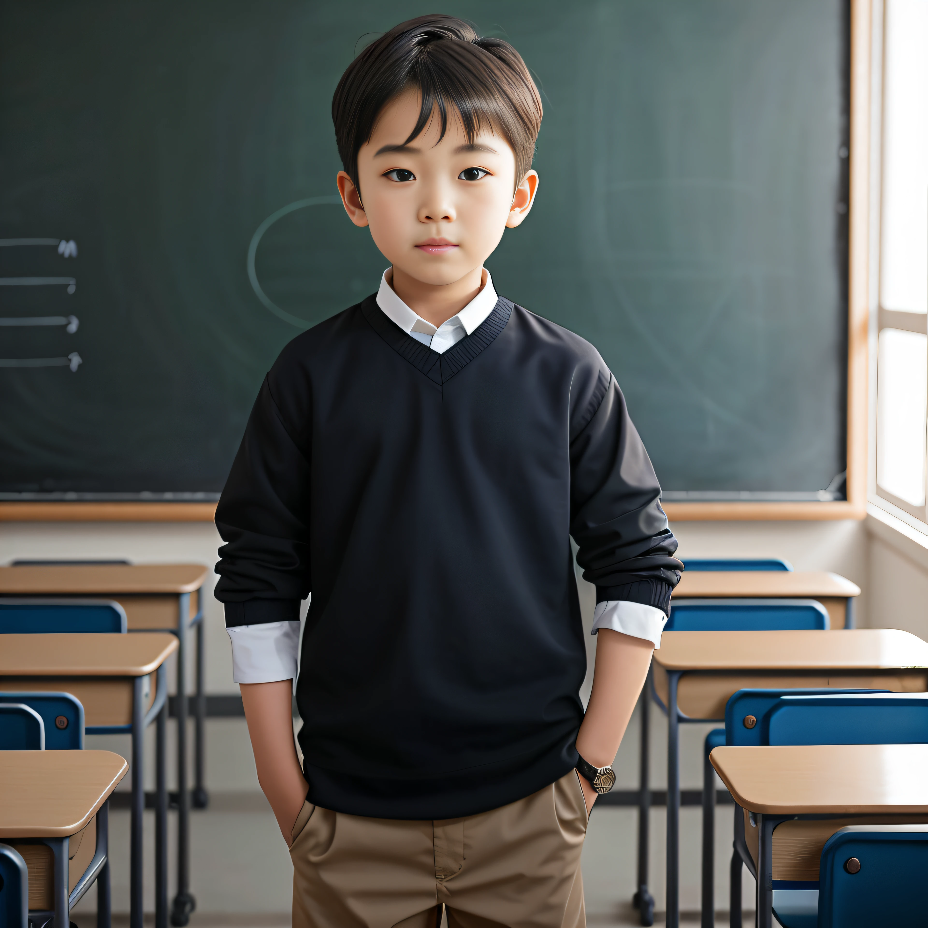 There was a  boy standing in front of the blackboard, standing in class, boy has short black hair, wearing a Japanese school uniform, Japanese school uniform, with serious face expression, Classe escolar, in school uniform, in school uniform, In the school classroom, jaeyeon nam,  as a strict school teacher ), In a classroom