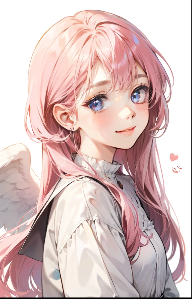 girl with、Background white、without background、Pink hair、The long-haired、with blush cheeks、angelicales、feathered、angel、pluma、frilld、Smiling、kawaii、without background