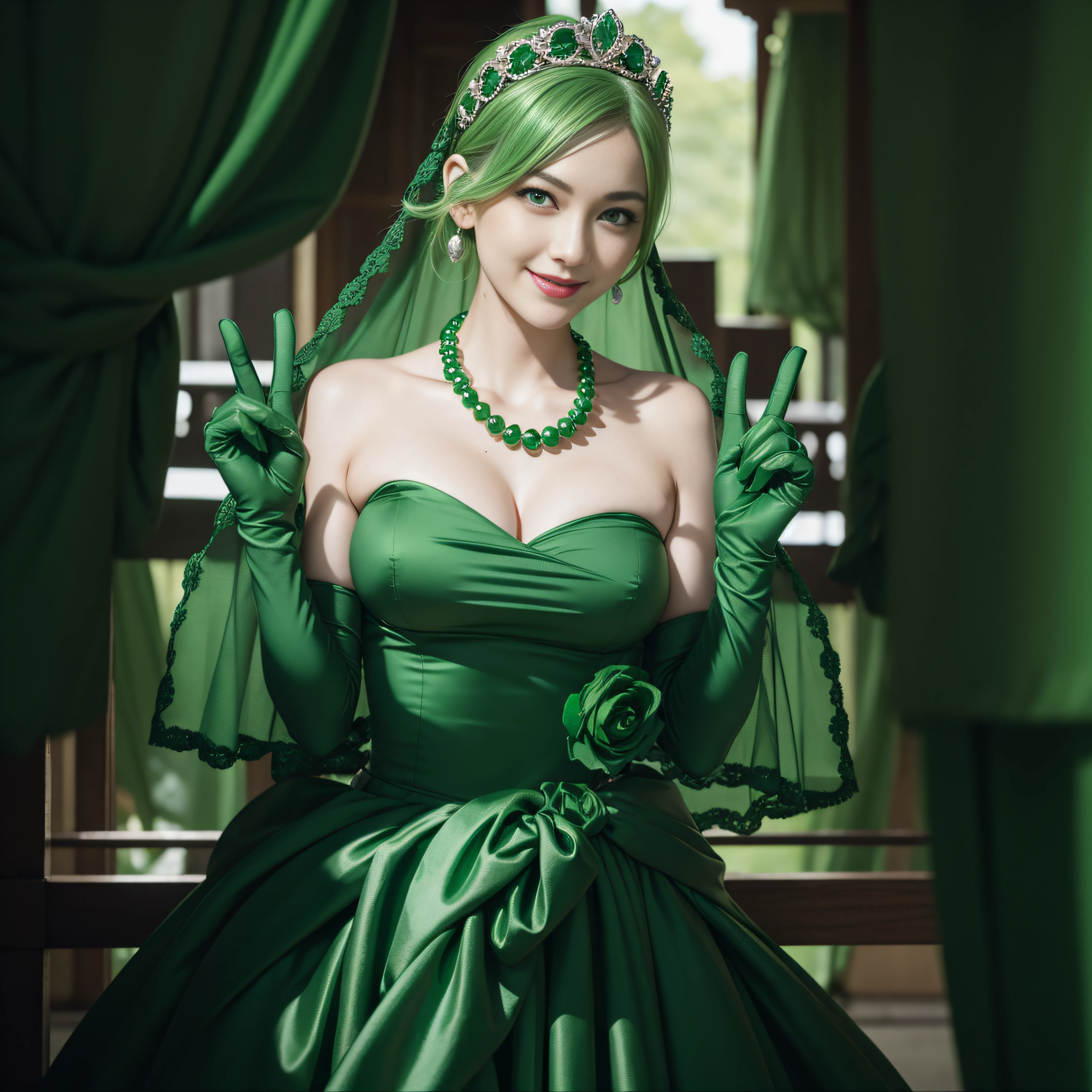 emerald tiara, Green Pearl Necklace, Boyish very short green hair, lipsticks, Japan woman smiling, very short short hair, big breasts beautiful, Green eyes, Long green gloves made of satin material, Green eyes