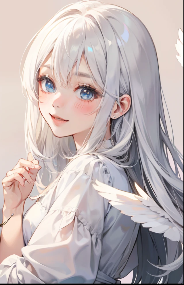 girl with、Background white、without background、white hair、The long-haired、with blush cheeks、angelicales、feathered、angel、pluma、frilld、Smiling、kawaii、without background