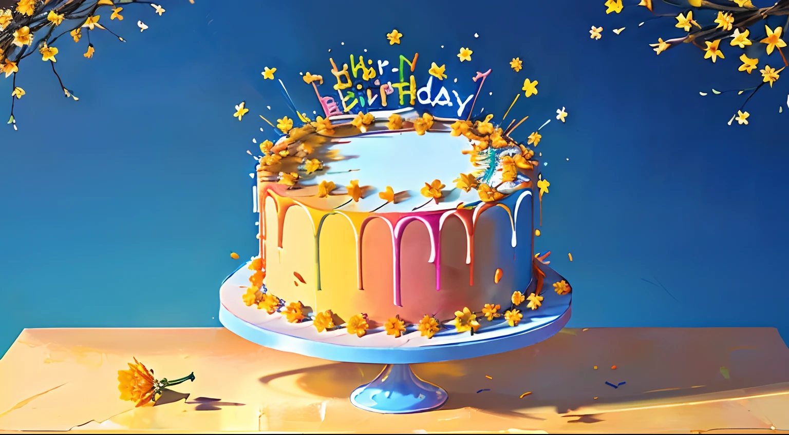 The birthday cake，Colourful，The background is filled with orange flowers，Happy birthday celebration