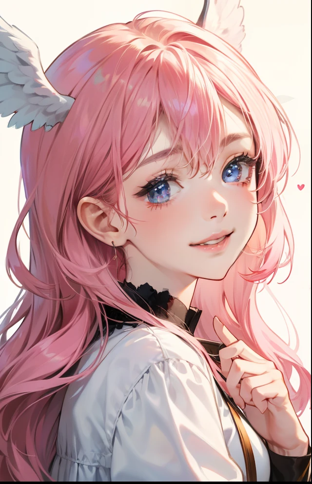 girl with、Background white、without background、Pink hair、The long-haired、with blush cheeks、angelicales、feathered、angel、pluma、frilld、Smiling、kawaii、without background
