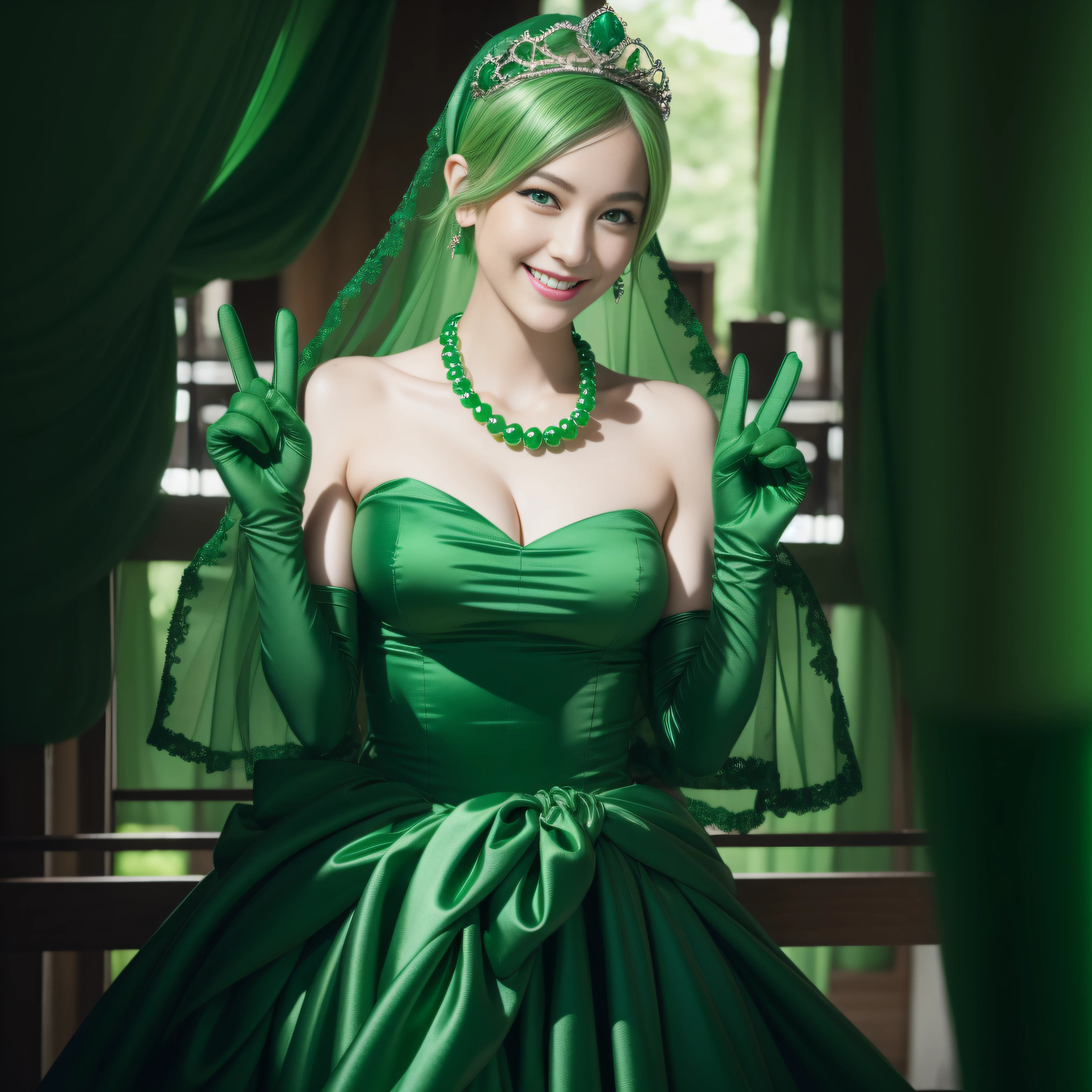 emerald tiara, Green Pearl Necklace, Boyish very short green hair, lipsticks, Japan woman smiling, very short short hair, big breasts beautiful, Green eyes, Long green gloves made of satin material, Green eyes