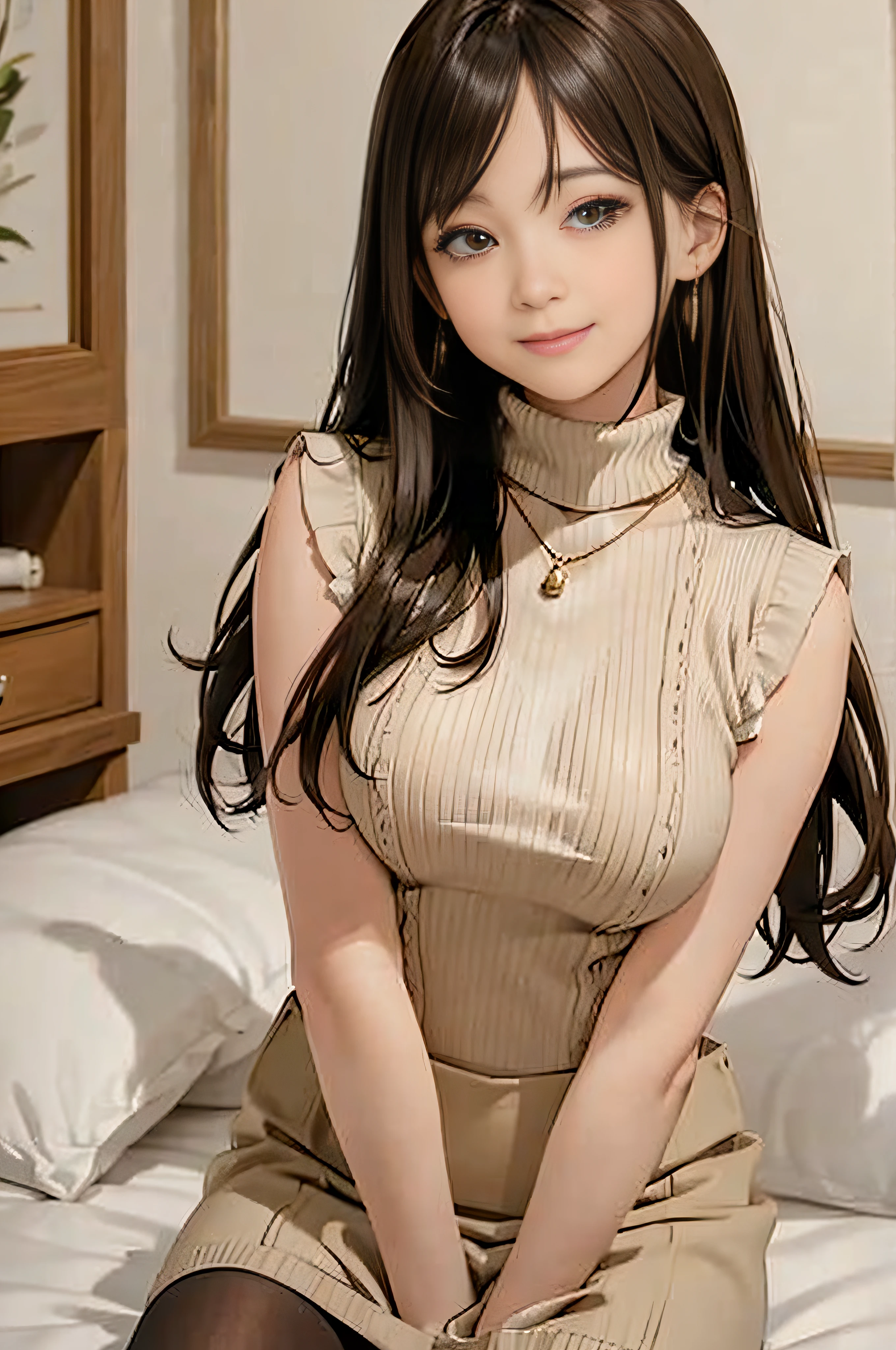 (Light Beige Turtleneck Sleeveless Knit、pencil skirts、knee high stockings)、20 year old girl, breasts of medium size,, Puffy nipple、brown haired、Long Wave Hair、hotels room、(Sleeping on the bed)、((Pleasant look))、a necklace、Earring、 (Very detailed), Shy smile、(Kamimei)、(Perfectly detailed face)、full body seen、(Hide your breasts with your hands)