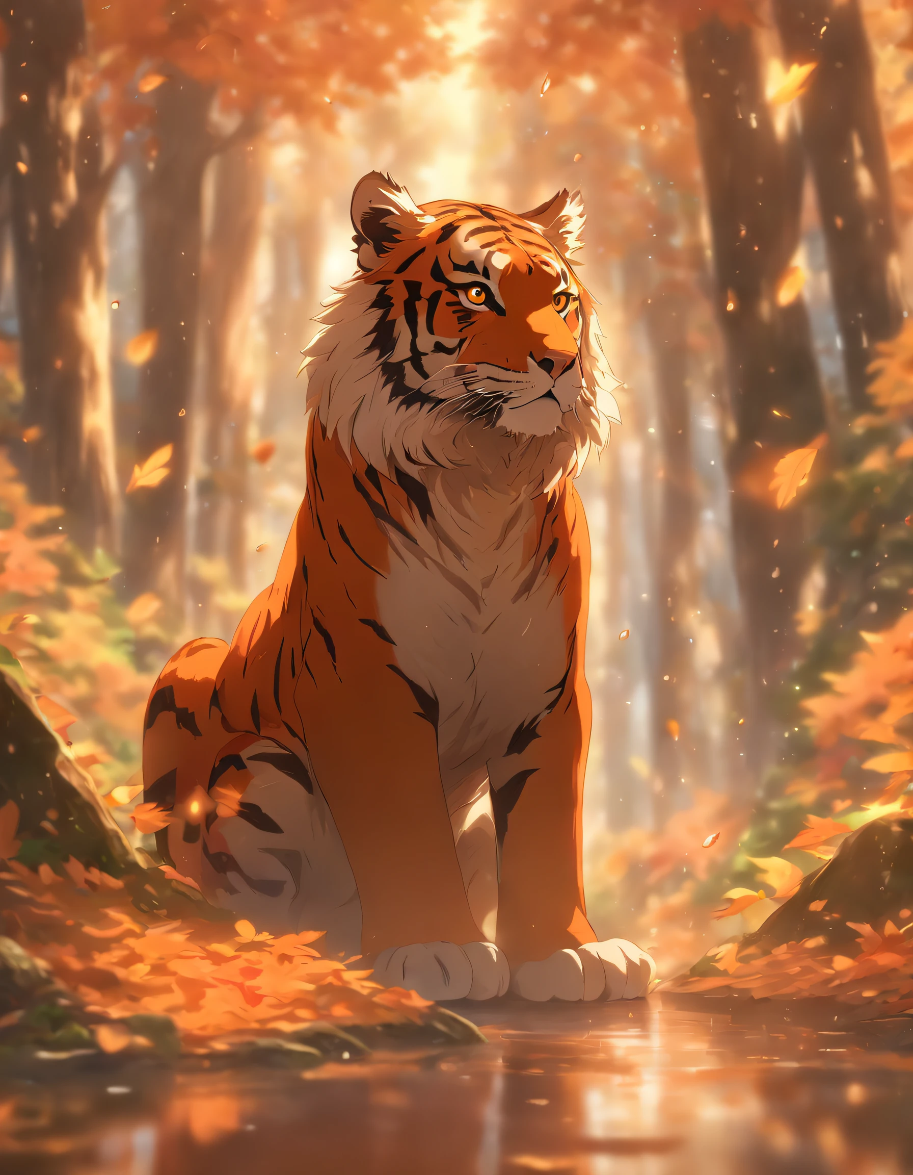 (Best quality,4K,8K,A high resolution,Masterpiece:1.2),Ultra-detailed,(Realistic,Photorealistic,photo-realistic:1.37),Colorful autumn scenery,Lone tiger,Cute tiger,autumn forest,Tiger in a maple leaf cape,Hidden tigers,Tree roots,Rainy days,tranquil ambiance,maple trees,fall foliage,Colored tiger,Dark green and orange leaves,Peaceful environment,Natural lighting,Soft raindrops,Leaves on the ground,Gentle mist,The bright sun shines through the woods,Majestic tree trunk,Quiet solitude,Magical atmosphere