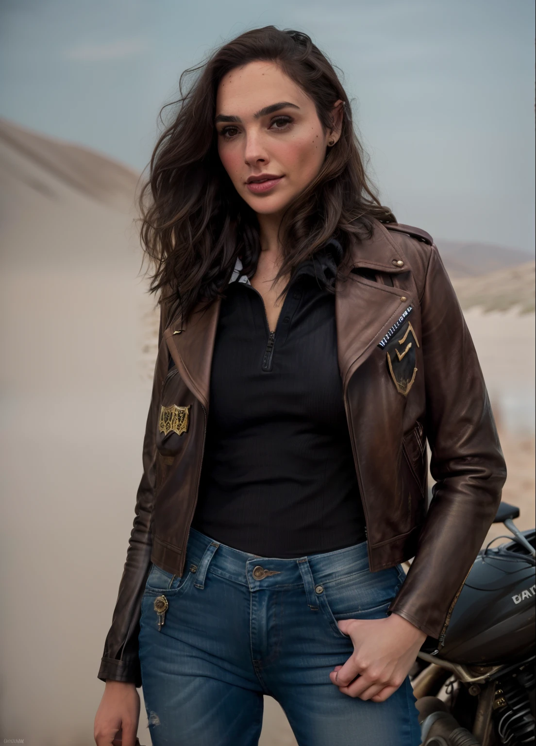 Retrato de gldot como uma bela modelo feminina, georgia fowler, rosto lindo, cabelo castanho escuro curto, in Afghanistan after winning the war. She's wearing a leather jacket, jeans preto, lighting dramatic, (police badge: 1.2)