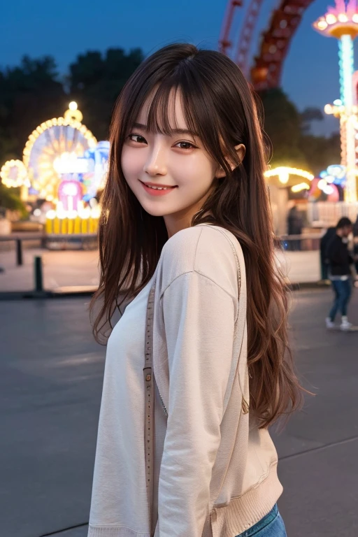 masterpiece, top quality, highly detailed CG Unity 8k wallpaper, cute girl, girlfriend, casual clothes, smile, amusement park, night, detailed background, from the side,