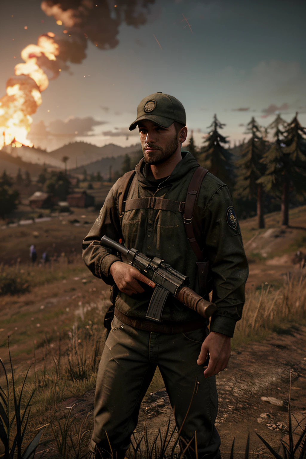 soldado de costas olhando um celeiro de perto pegando fogo e uma paissagem linda baseada em dayz .