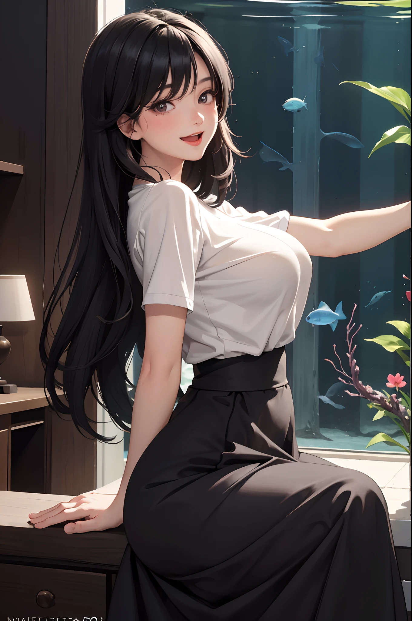 1lady solo, from side, /(knitted shirt/) /(high-waist long skirt/), mature female, /(black hair/) bangs, blush happy smile open mouth, (masterpiece best quality:1.3) delicate illustration ultra-detailed, ????????????? BREAK /(aquarium indoors/) dark room, crowded