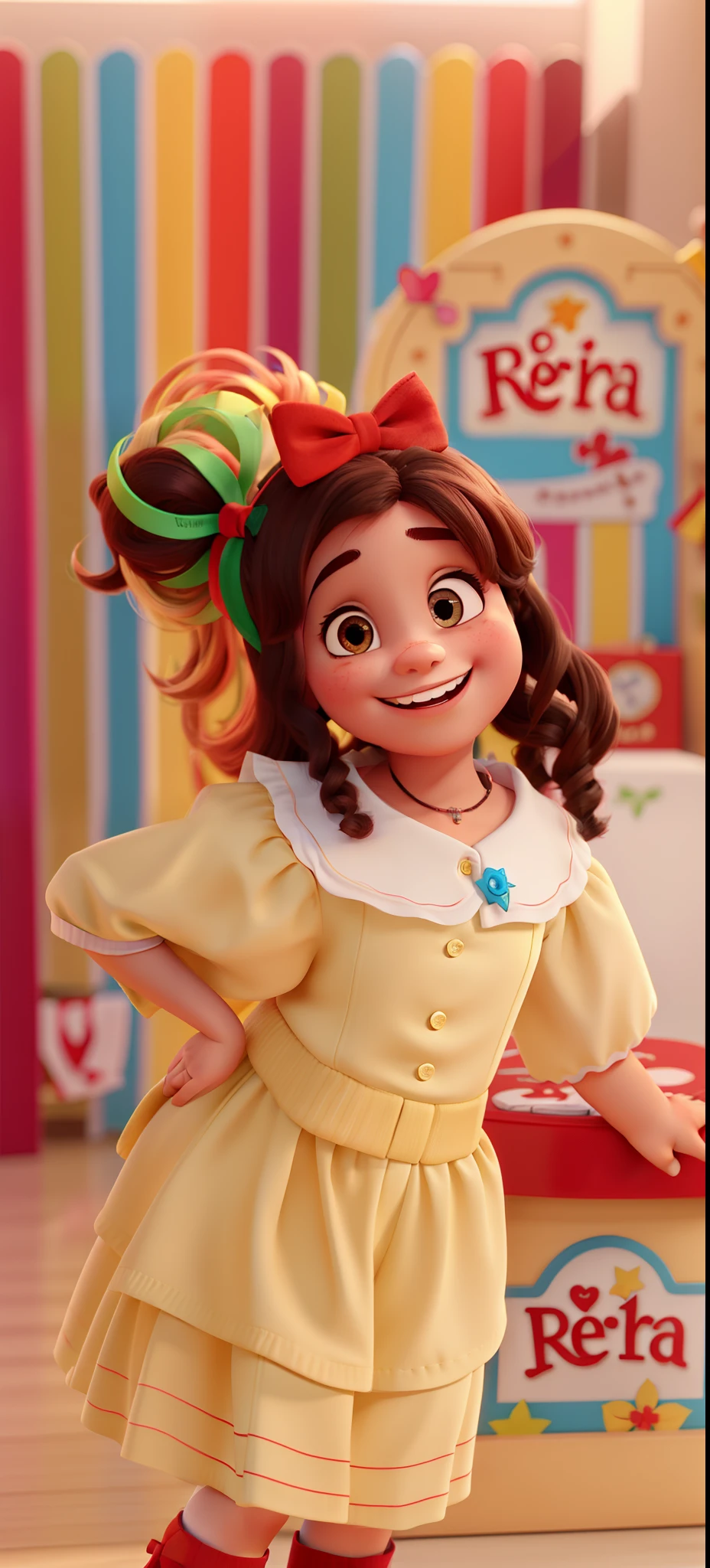 UMA MENINA, SORRINDO, BRANCA, WITH RED BOW IN HER HAIR, ESTILO PIXAR, ALTA QUALIDADE, MELHOR QUALIDADE