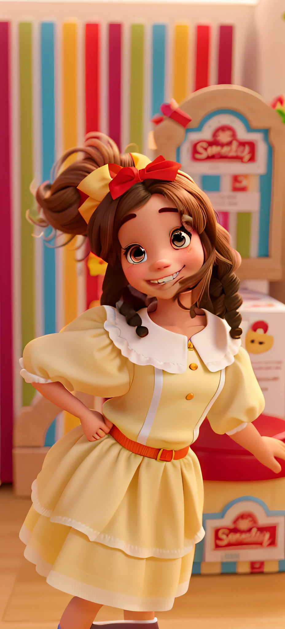 UMA MENINA, SORRINDO, BRANCA, WITH RED BOW IN HER HAIR, ESTILO PIXAR, ALTA QUALIDADE, MELHOR QUALIDADE