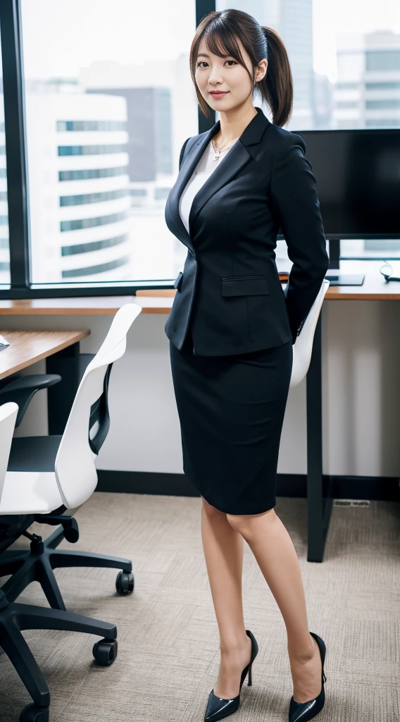 Best Quality, High Quality,Ultra Quality, 8k portrait ,Japanese woman,30 years old,new employee ,large breasts ,side poneyTail,black Business women's suit skirt,full body,In the office