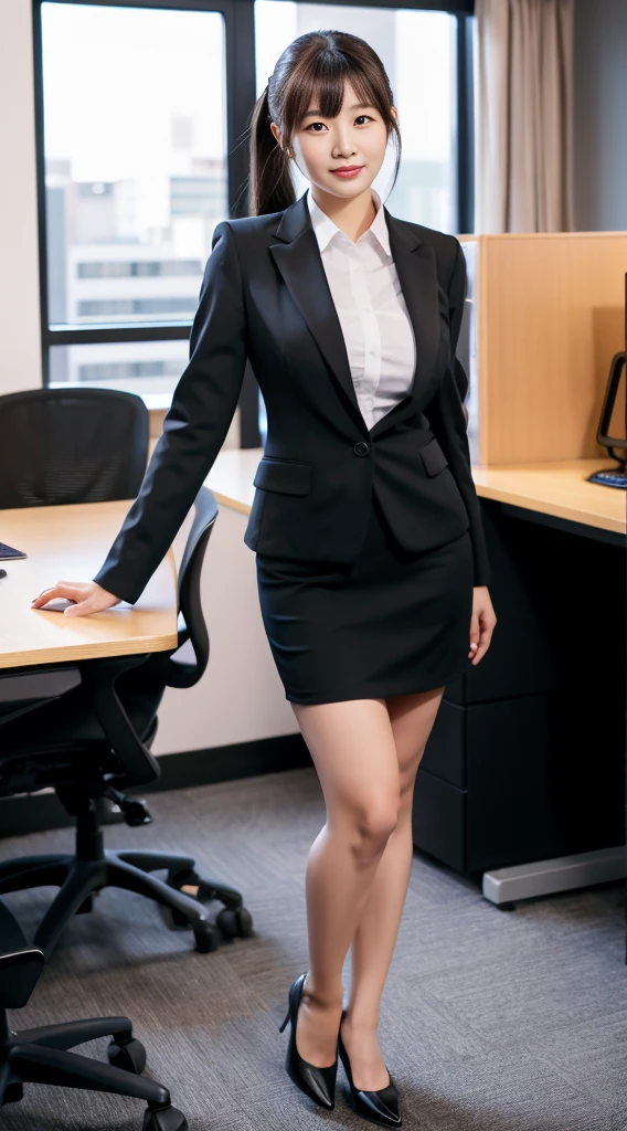 Best Quality, High Quality,Ultra Quality, 8k portrait ,Japanese woman,30 years old,new employee ,large breasts ,side poneyTail,black Business women's suit skirt,full body,In the office
