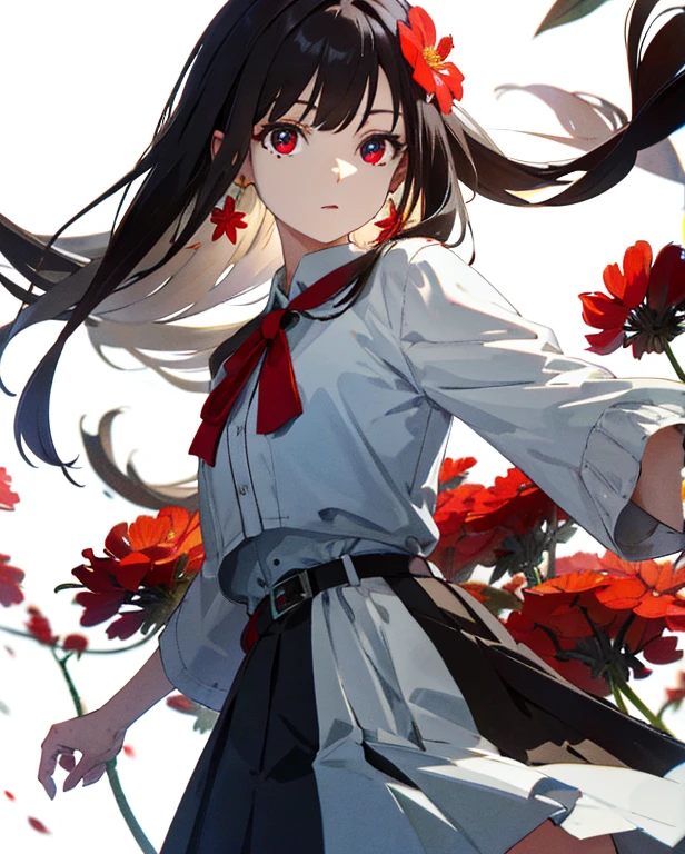 Best Quality,Highly detailed,masutepiece,Ultra-detailed,Solo,(Delicate eyes),(White background:1.3),Red Eyes,Standing,Belt skirt,[trench coat:20],Jewelry, Dark mole_under below_eye, up looking_で_peeping at the viewer, frilld_shairband,earrings，The background is a red Higan flower field，