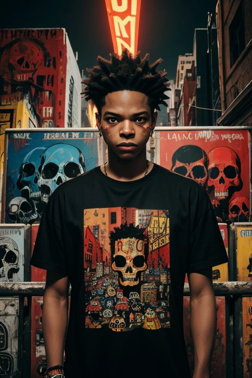 In this fantastical world of BASQUIAT, the city is alive with vibrant reds and pulsing energy. The artist stands at the center, surrounded by SKULLS that seem to come to life in his presence. His black t-shirt is a stark contrast to the colorful chaos around him.