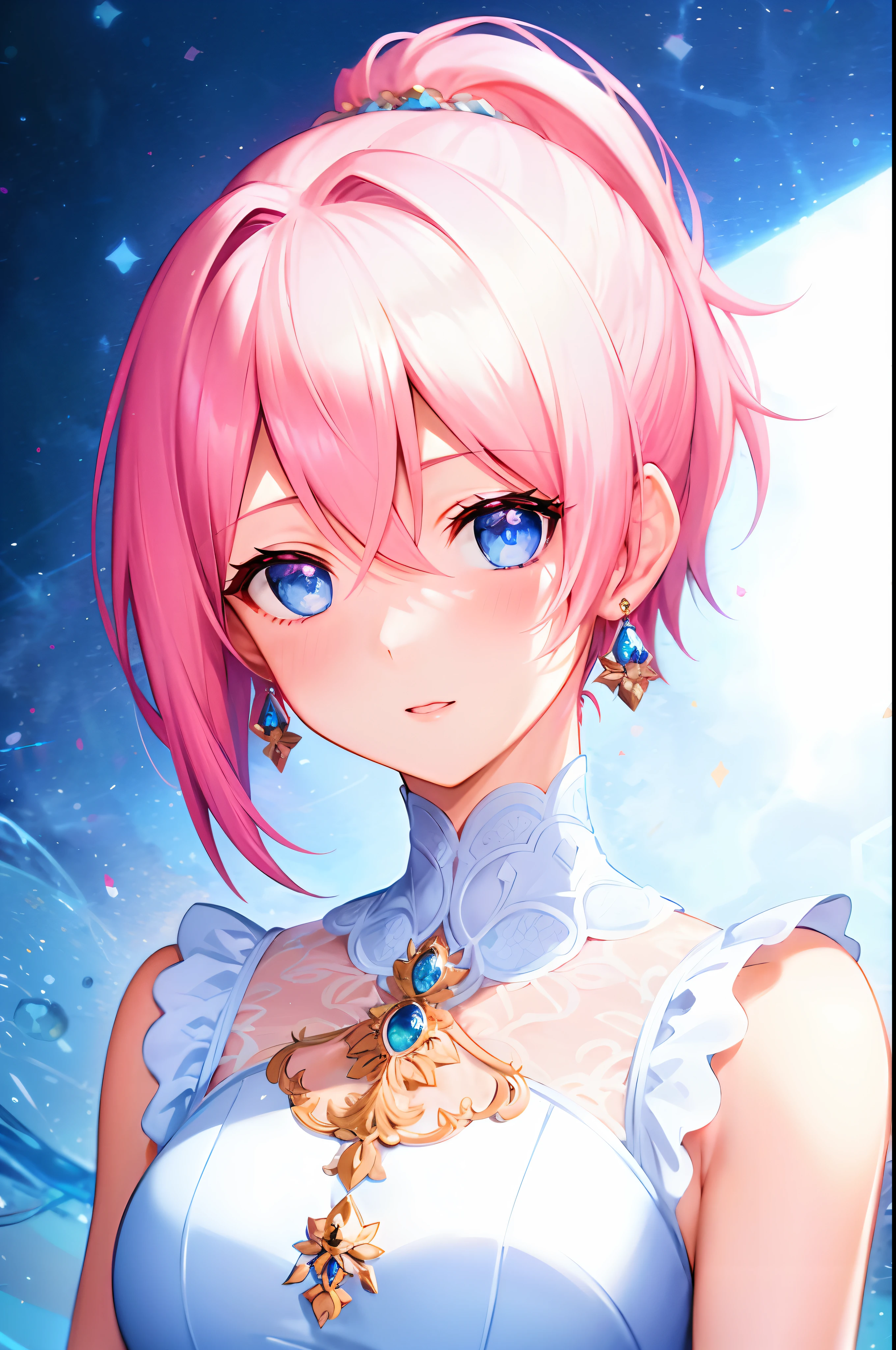 anime girl with pink hair and blue eyes in front of a full moon, portrait of magical girl, portrait knights of zodiac girl, sayori, anime girl with cosmic hair, beautiful celestial mage, rem rezero, shadowverse style, detailed digital anime art, detailed portrait of anime girl, beautiful anime portrait, cute girl with short pink hair, portrait anime space cadet girl, (blue eyes)