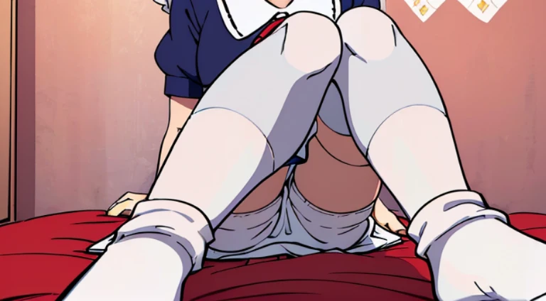Best quality,Masterpiece,(Cartoony),solo person,(Maid skirt),((white stockings,White knee-length socks)),(Small li,for 6 yedouble-ponytail,Pale blue hair,JK school uniform,(Japanese style binding,looking to the camera,red color eyes,bedroom background,
