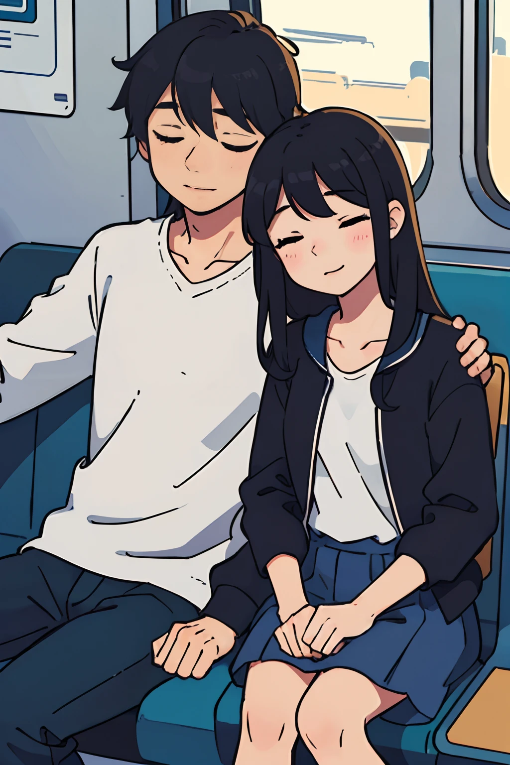 illustration of a couple sitting on a train seat, girl and guy sitting together on a seat, girl having long black hair, eyes closed is resting her head on guys shoulder, cute