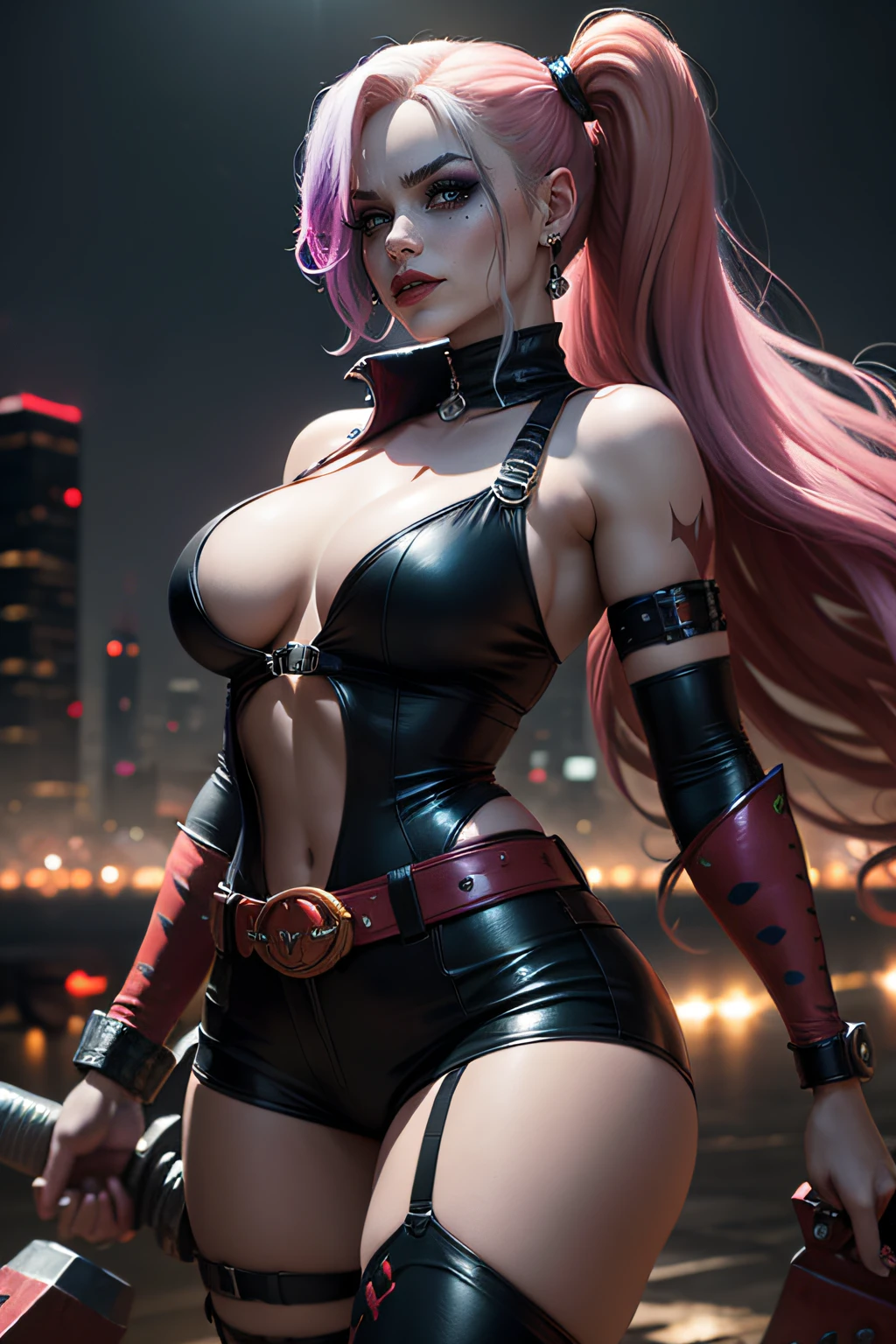 Villain Harley Quinn, long random colorful hair, makeup, tight costume, Buckle Belt, a really huge hammer in her hand, exteriors, night city, highly detailed, Realistic full-length photo