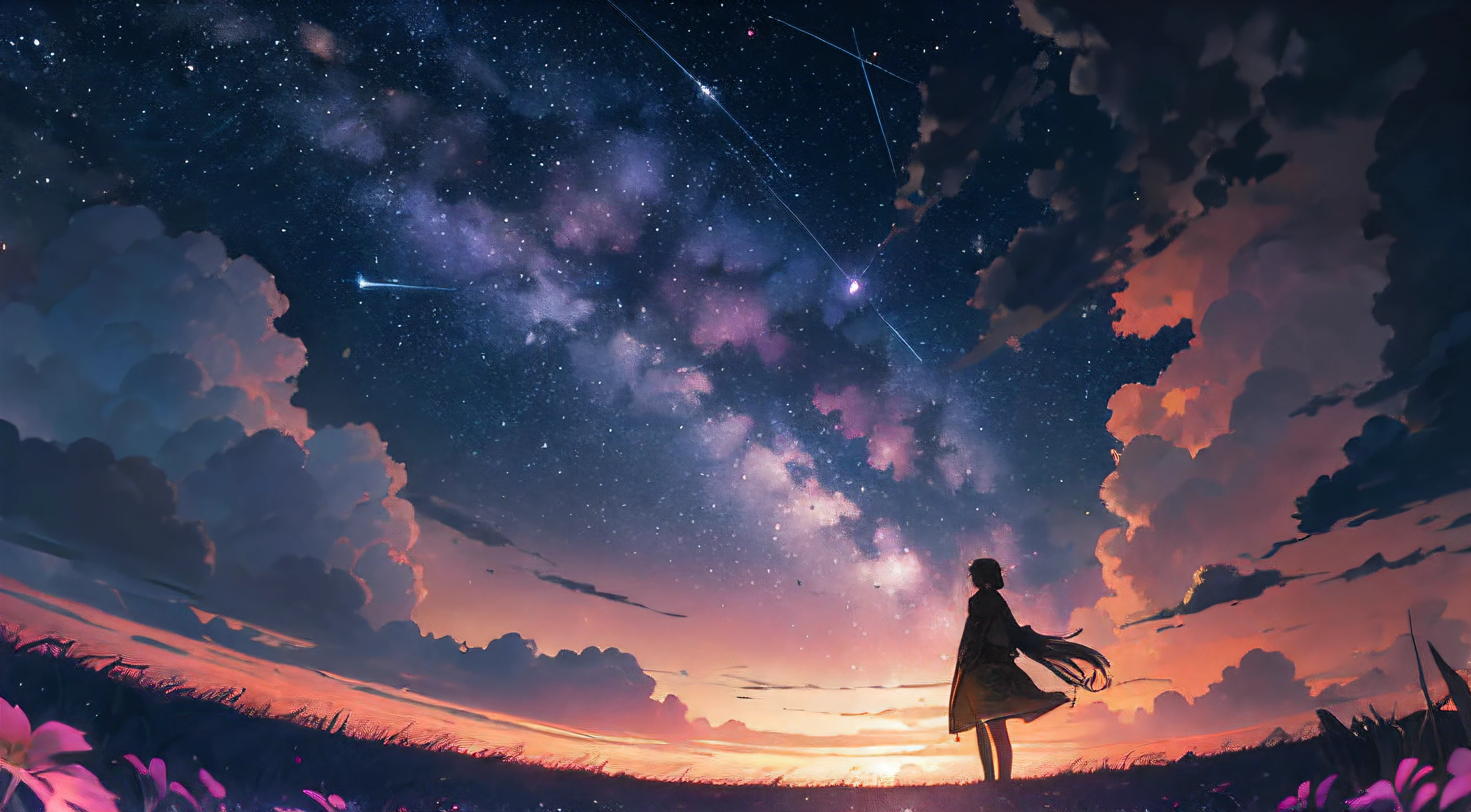 Vast landscape photo, (viewed from below, the sky is above and the open field is below), a girl standing on a flower field looking up, (full moon: 1.2), (meteor: 0.9), (nebula: 1.3), distant mountains , Trees BREAK Crafting Art, (Warm Light: 1.2), (Fireflies: 1.2), Lights, Lots of Purple and Orange, Intricate Details, Volumetric Lighting, Realism BREAK (Masterpiece: 1.2), (Best Quality), 4k, Ultra-Detailed, (Dynamic Composition: 1.4), Very Detailed, Colorful Details, (Rainbow Colors: 1.2), (Glow Lighting, Atmospheric Lighting), Dreamy, Magical, (Solo: 1.2)