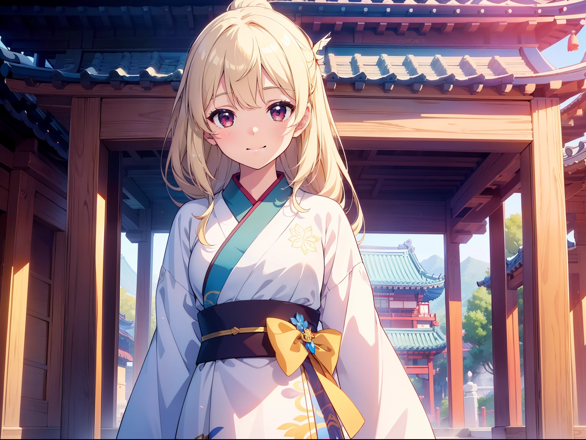 1 cute girl, (chima jeogori), standing ,character focus, close to viewer, front, cinematic lighting, smile, background Gyeongbokgung , ((masterpiece)), ((best quality)), ((ultra-detailed)), (illustration), ((an extremely delicate and beautiful))