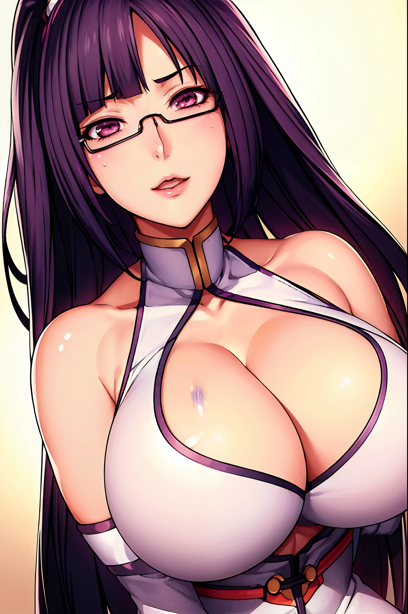 Simple White Background, Pink dress, chinese clothes, cleavage cutout, clothing cutout, bare shoulders,
semi-rimless eyewear, black hair, very long hair, ponytail,Bangs,purple eyes, 1 girl, 20yo,Young female,Beautiful Finger,Beautiful long legs,Beautiful body, Beautiful Nose,Beautiful character design, perfect eyes, perfect face,expressive eyes,perfect balance, looking at viewer,(Focus on her face), official art,extremely detailed CG unity 8k wallpaper, perfect lighting,Colorful, Bright_Front_face_Lighting,White skin, (masterpiece:1.0),(best_quality:1.0), ultra high res,4K,ultra-detailed, photography, 8K, HDR, highres, absurdres:1.2, Kodak portra 400, film grain, blurry background, bokeh:1.2, lens flare, (vibrant_color:1.2),professional photograph, (Beautiful,huge_Breasts:1.4), (beautiful_face:1.5),(narrow_waist),