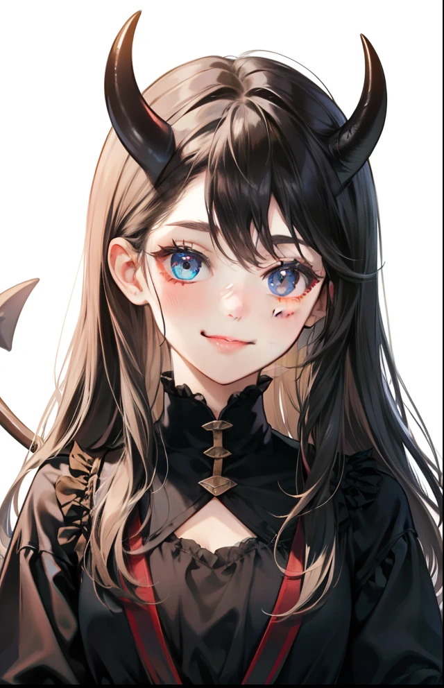 girl with、Background white、without background、A dark-haired、The long-haired、with blush cheeks、Horns、winged、Diabolical、Small devil、frilld、Smiling、kawaii、without background