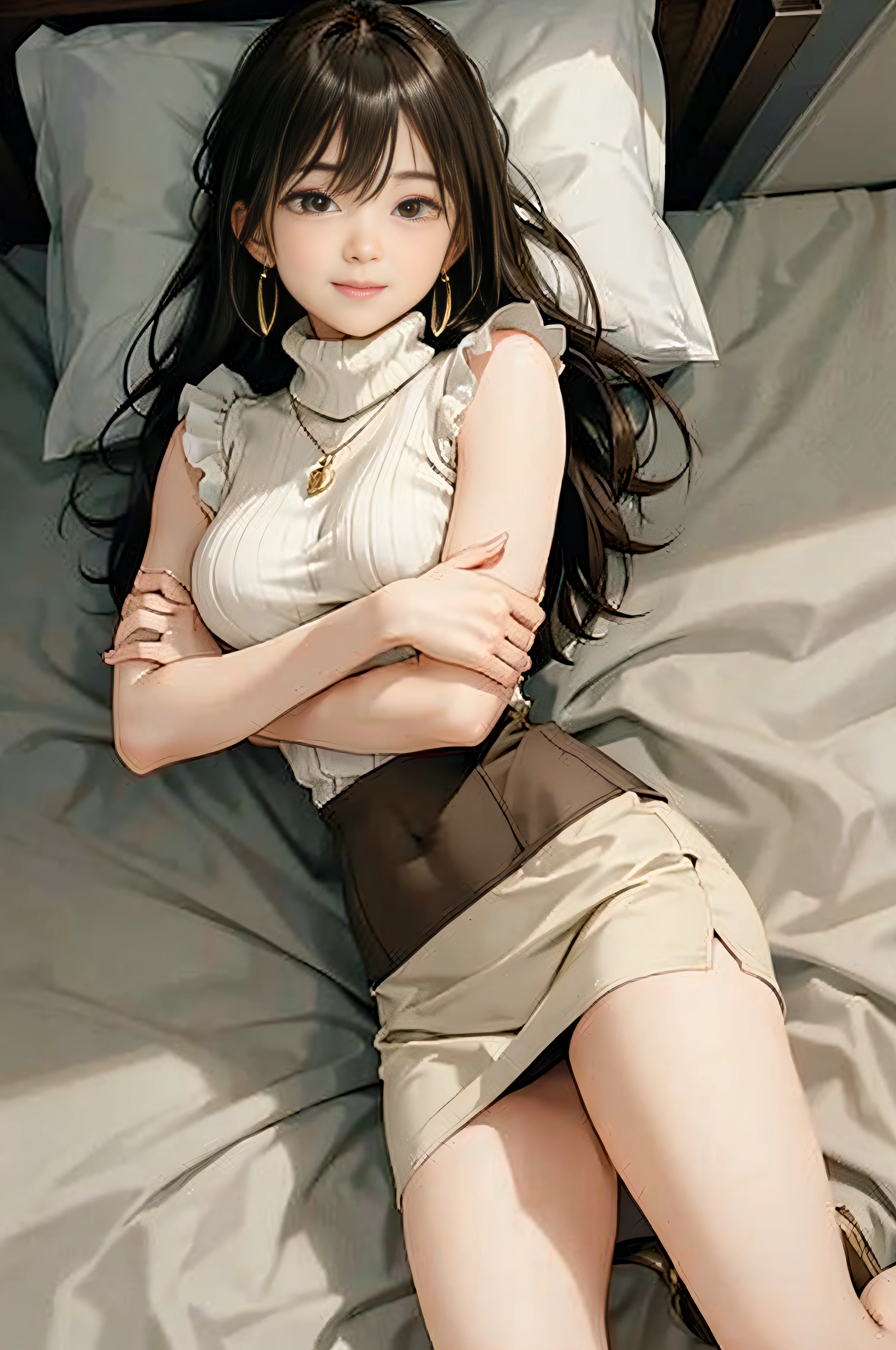 (Light Beige Turtleneck Sleeveless Knit、pencil skirts、knee high stockings)、20 year old girl, breasts of medium size,, Puffy nipple、brown haired、Long Wave Hair、hotels room、(Sleeping on the bed)、((Pleasant look、Open your mouth a little))、a necklace、Earring、 (Very detailed), Shy smile、(Kamimei)、(Perfectly detailed face)、full body seen、(Hide your chest with your hands)