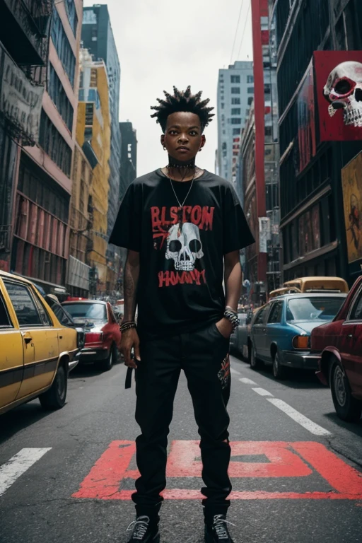In this fantastical world of BASQUIAT, the city is alive with vibrant reds and pulsing energy. The artist stands at the center, surrounded by SKULLS that seem to come to life in his presence. His black t-shirt is a stark contrast to the colorful chaos around him.
