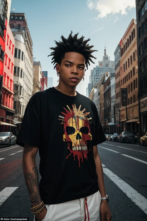 In this fantastical world of BASQUIAT, the city is alive with vibrant reds and pulsing energy. The artist stands at the center, surrounded by SKULLS that seem to come to life in his presence. His black t-shirt is a stark contrast to the colorful chaos around him.