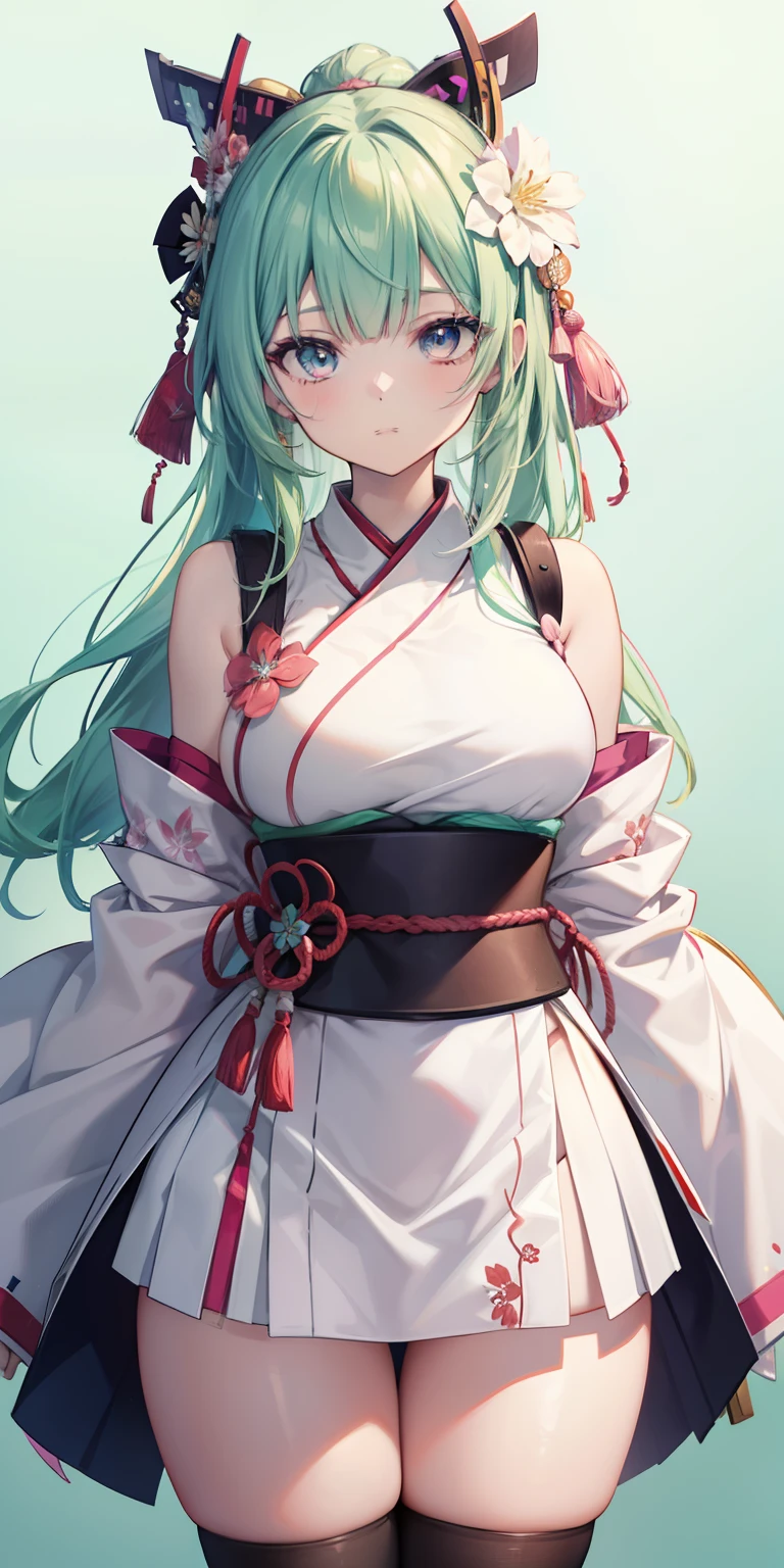 ((Best quality)), ((Masterpiece)), (Detailed), Samurai style, Kanrokuji Mitsumori character, 1 girl best quality, Portrait, Ultra detailed, Pretty face, Perfect anatomy, Soil, Pale skin, Huge pink-green hair , Perfect hair, bangs, Eyes, collofull eyes, Perfect outfit, Arms, Hands, Thick legs, upper legs, holding, Blue background, Fortnite,
   信息