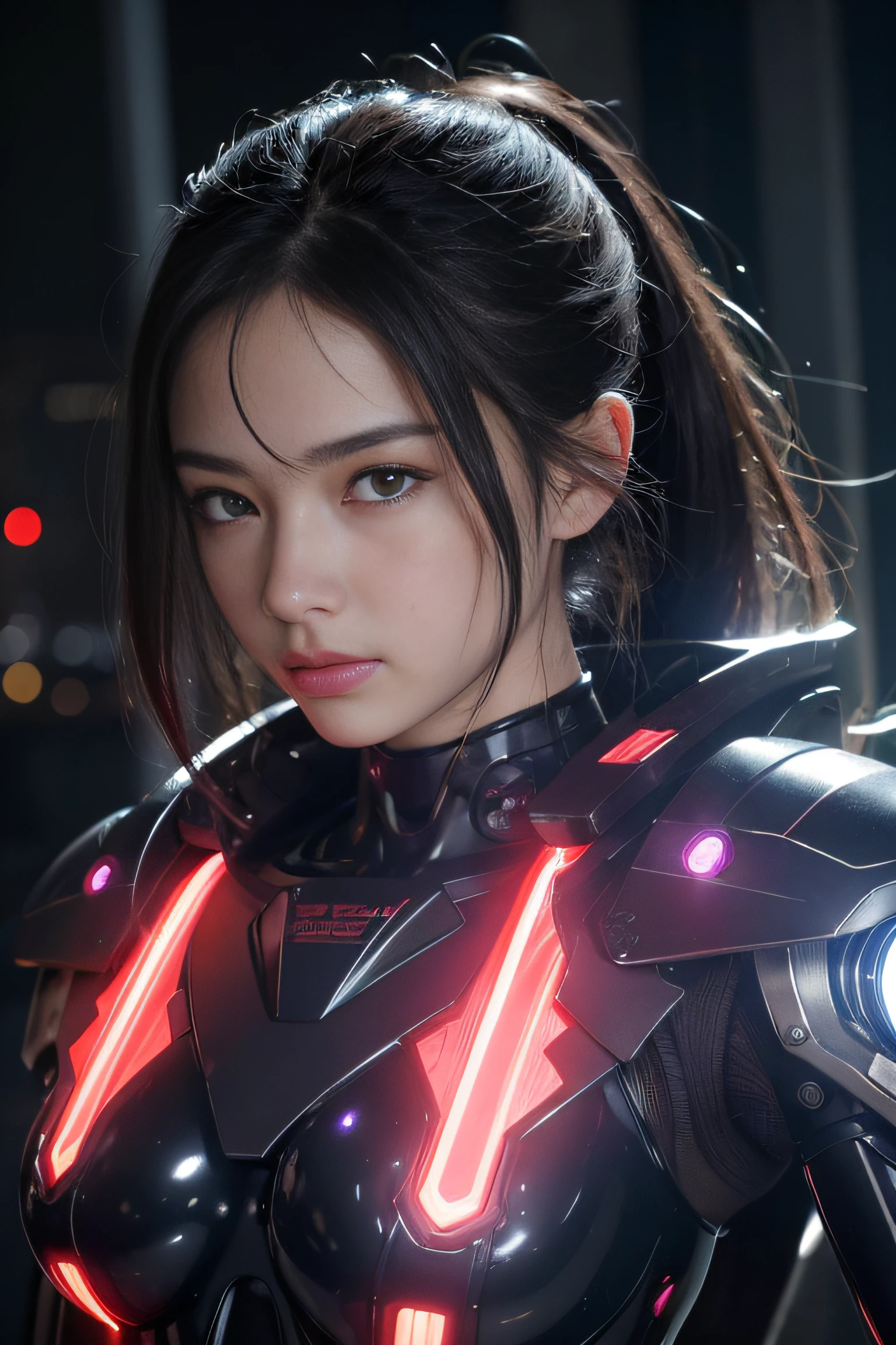 Top Quality, Masterpiece, Ultra High Resolution, (Photorealistic: 1.4), Raw Photo, 1 Girl, Black Hair, Glossy Skin, 1 Mechanical Girl, (Ultra Realistic Detail)), Portrait, Global Illumination, Shadows, Octane Rendering, 8K, Ultra Sharp, Big, Cleavage Exposed Raw Skin, Metal, Intricate Ornament Details, Japan Details, Very intricate details, realistic light, CGSoation trend, purple eyes, glowing eyes, facing the camera, neon details, mechanical limbs, blood vessels connected to the tube, mechanical vertebrae attached to the back, mechanical cervical attachment to the neck, wires and cables connecting to the head, gundam, small LED lamps, full body, nsfw,