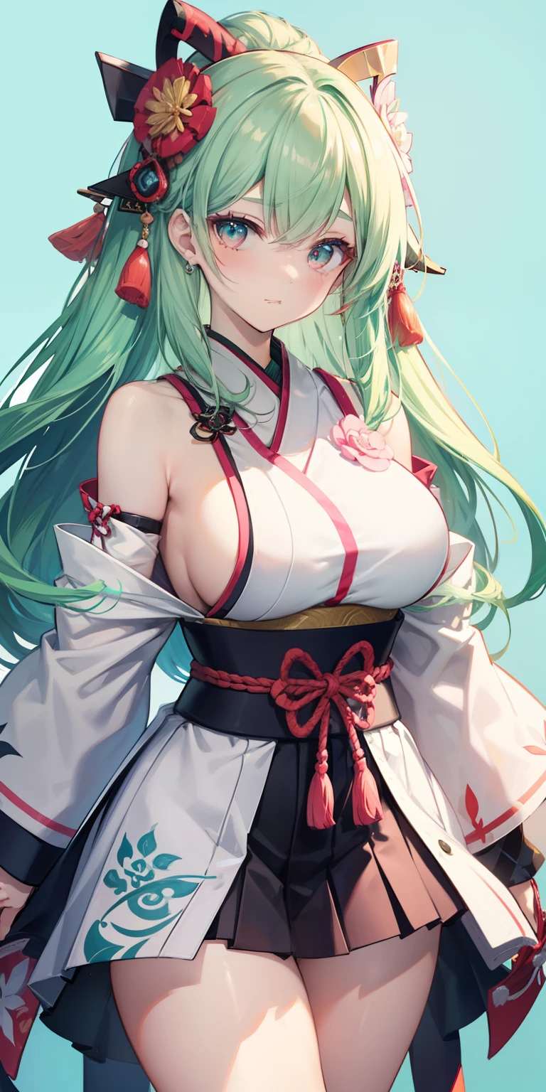 ((Best quality)), ((Masterpiece)), (Detailed), Samurai style, Kanrokuji Mitsumori character, 1 girl best quality, Portrait, Ultra detailed, Pretty face, Perfect anatomy, Soil, Pale skin, Huge pink-green hair , Perfect hair, bangs, Eyes, collofull eyes, Perfect outfit, Arms, Hands, Thick legs, upper legs, holding, Blue background, Fortnite,
信息