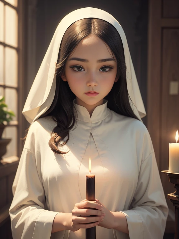 beautiful girl nun holding a candle,traditional painting techniques,detailed face and clothing,soft light illuminating the scene,peaceful atmosphere,subtle colors and shadows,spiritual and tranquil setting,(best quality, highres, 4k),delicate brushstrokes,ethereal beauty,natural and graceful pose,rich textures,serene expression,classic art style