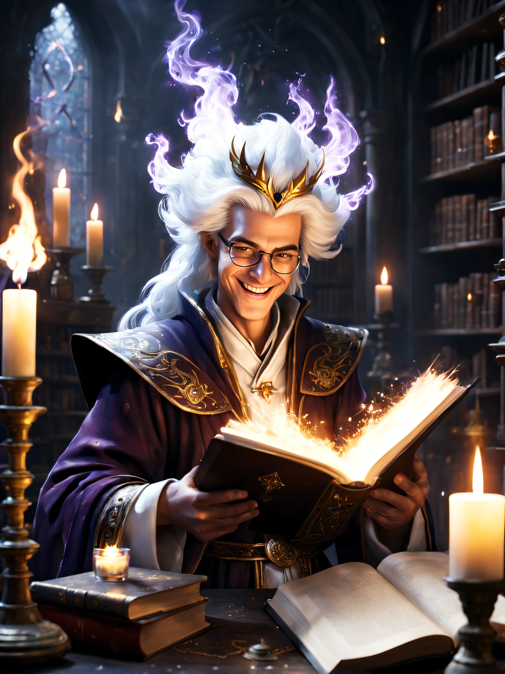Unholy mage reading the big spellbook in his laboratory. Detailed white-flaming eyes, detailed face, insane smile, white-flaming hair, white-flaming tiara behind. Stunning composition, magic aura, white flames, white sparkles, apprentice, study, books, library, glass jars, perfume, aroma, bottles, chemistry paraphernalia, transmutation, gold, lead, sulphur, smoke, liquid, reflections, candles, Dynamic Lighting, Unreal engine 5, Hyperrealistic, UHD, 16K, Octane Render and Cinematic Lighting