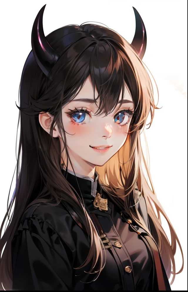 girl with、Background white、without background、A dark-haired、The long-haired、with blush cheeks、Horns、winged、Diabolical、Small devil、frilld、Smiling、kawaii、without background