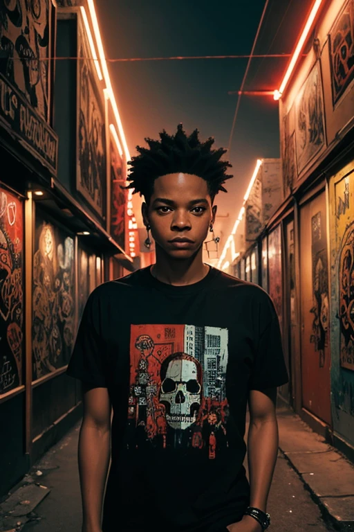 In this fantastical world of BASQUIAT, the city is alive with vibrant reds and pulsing energy. The artist stands at the center, surrounded by SKULLS that seem to come to life in his presence. His black t-shirt is a stark contrast to the colorful chaos around him.