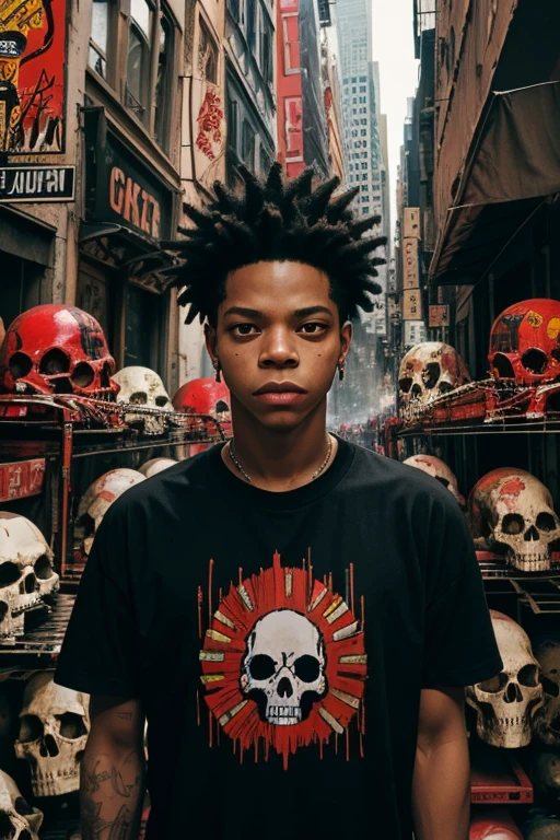 In this fantastical world of BASQUIAT, the city is alive with vibrant reds and pulsing energy. The artist stands at the center, surrounded by SKULLS that seem to come to life in his presence. His black t-shirt is a stark contrast to the colorful chaos around him.