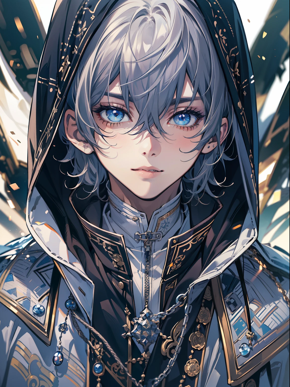 ((highest quality, masterpiece, 8k, finely detailed, detailed eyes, detailed face, gelbooru, pixiv)), warm lighting, ((solo)), A young man wearing a black hooded jacket over a white shirt with imprint of lord of light, 1boy, upper body, black hair, blues eyes, white background