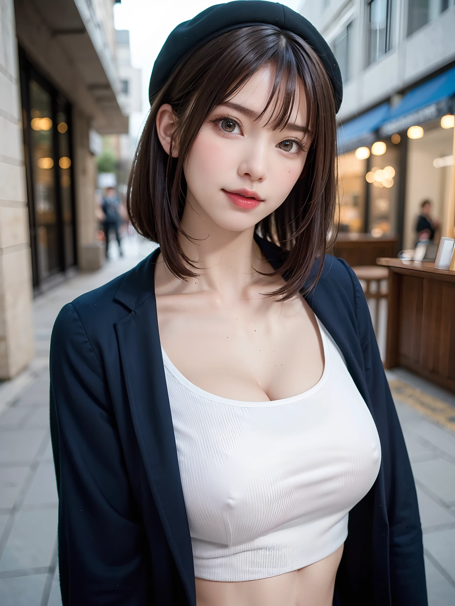 (Face Focus、Very eye focus、Head tilt、Very chest focus、underboob、mid-riff peak、hyper realisitic、Photorealistic、masutepiece:1.4, top-quality:1.4、Add intense highlights to the eyes:1.4、Shiny brunette short bob hair:1.4 ),1girl in, 独奏, short dark hair, scarf, Hats,, realisitic, looking at the viewers, brown eyes of light color、 coat, Winter clothes, White headscarf, s lips, lipgloss:1.4，bangss,a closed mouth, The upper part of the body、big eye、Lashes、((Street))、((Shorthair with bangs:1.4、big eye、Put very strong highlights in your students、{Gigantic|Big|Huge|Mega} breasts, cleavage、very Bigger breasts、gazing at viewer、Very beautiful beauty、Put your ears out、long neck、little smiling、Close your mouth and smile)))、Beautiful adult woman full of charm:1.4、(Autumn leaves are blue without people or cars々tree-lined street)